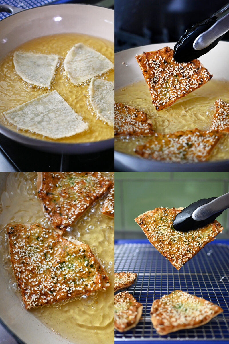 Four process shots that show paleo shrimp toast being fried and then transferred to a cooling rack.
